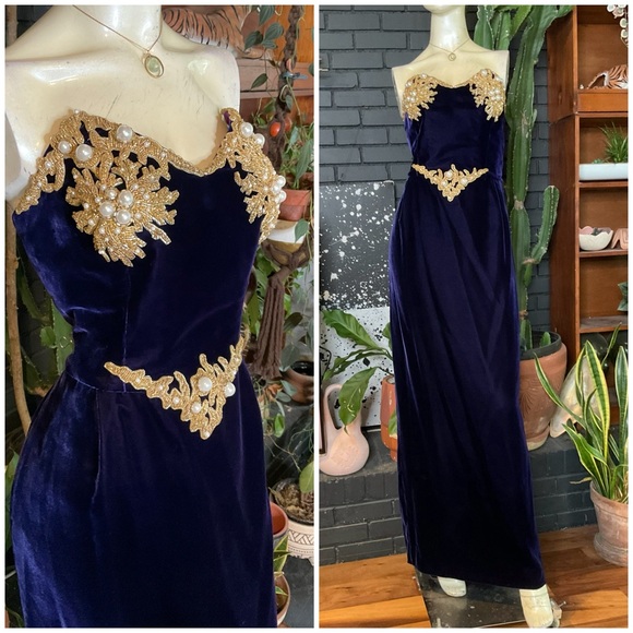 Vintage Saks Bellville Sassoon Royal Blue Velvet Beaded Evening Gown Large - Picture 1 of 7
